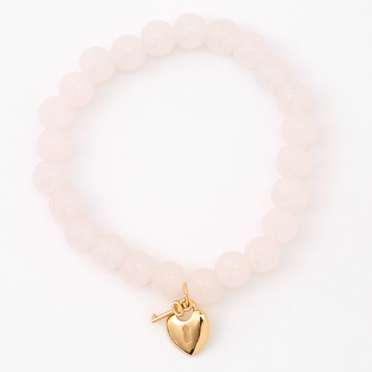 Gold Heart Lock &amp; Key Blush Pink Beaded Stretch Bracelet,