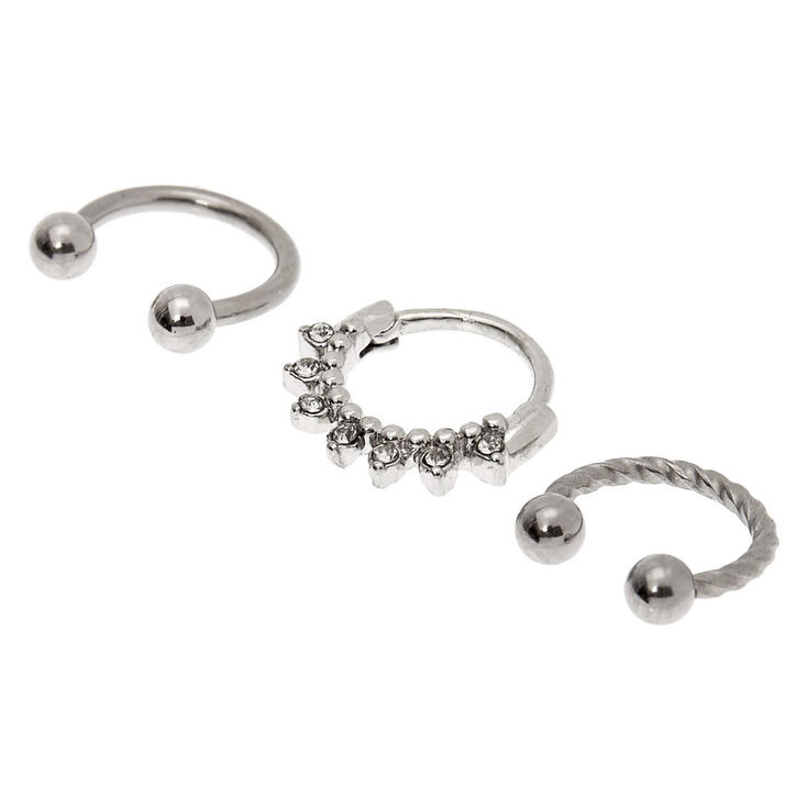 Silver Twisted Crystal Cartilage Hoop Earrings - 3 Pack,