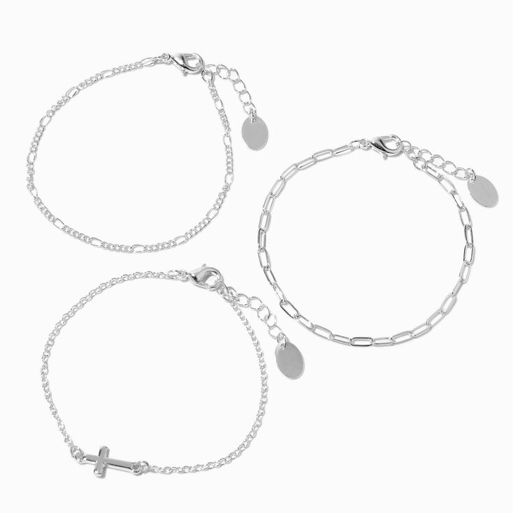 Claire&#39;s Recycled Jewelry Silver-tone Cross Chain Bracelets - 3 Pack,
