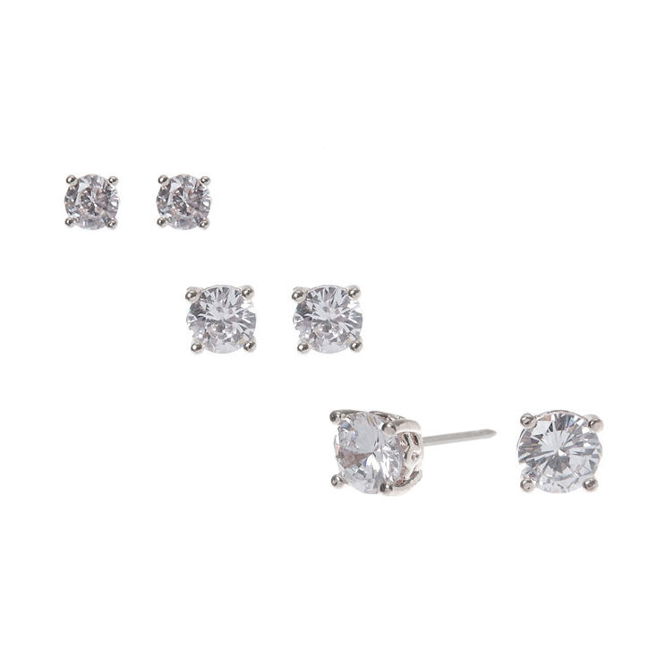 Silver-tone Cubic Zirconia 4MM, 5MM, 6MM Round Stud Earrings - 3 Pack ,