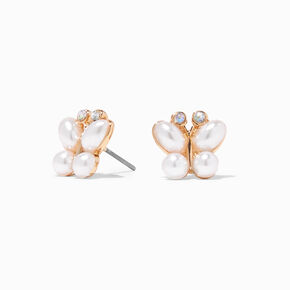 Gold Pearl Butterfly Stud Earrings,