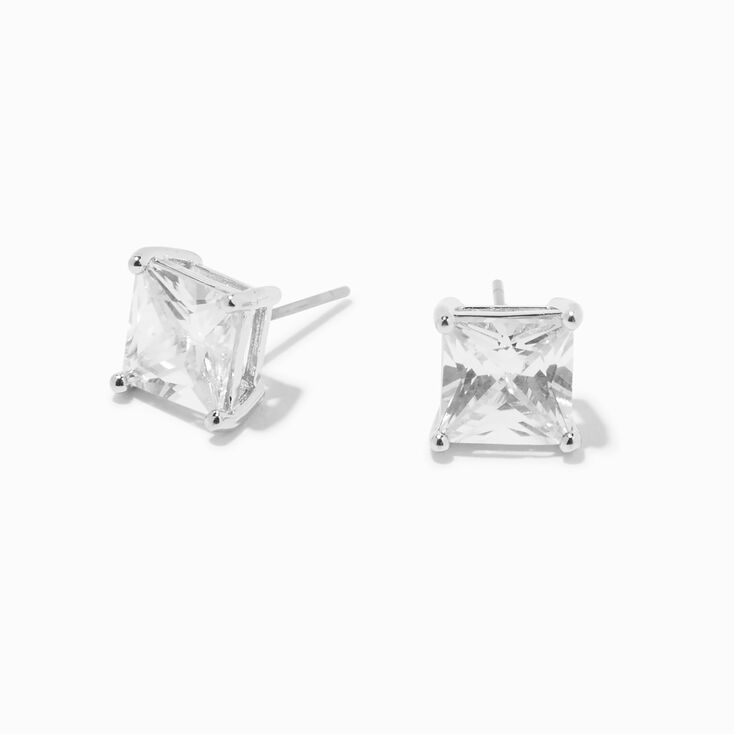 Silver-tone Cubic Zirconia 8MM Square Stud Earrings,