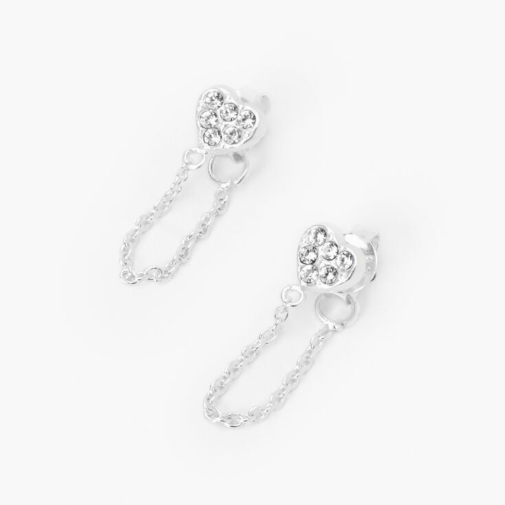 Sterling Silver Embellished Heart Front and Back Chain Stud Earrings,