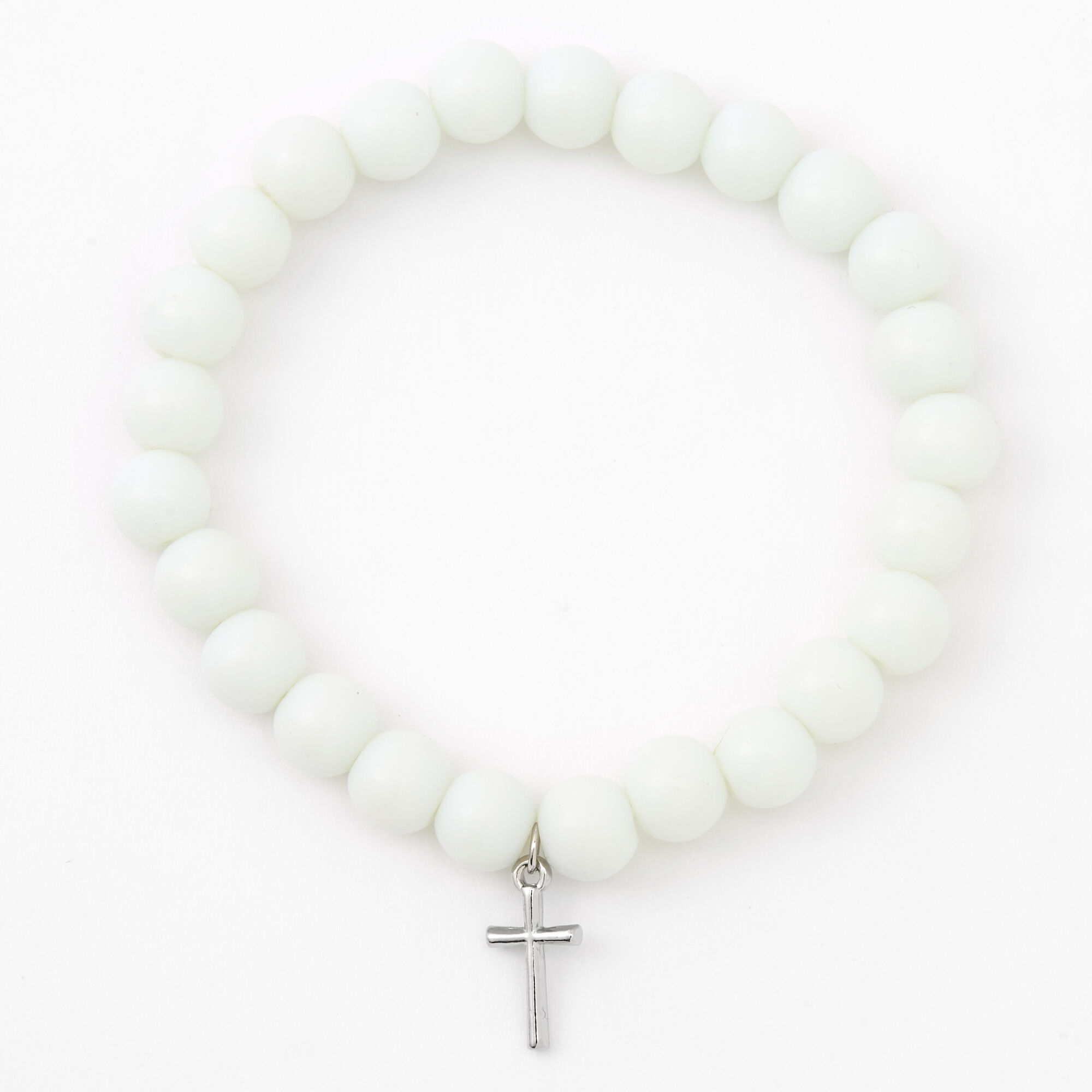 Silver-tone Cross White Beaded Stretch Bracelet,