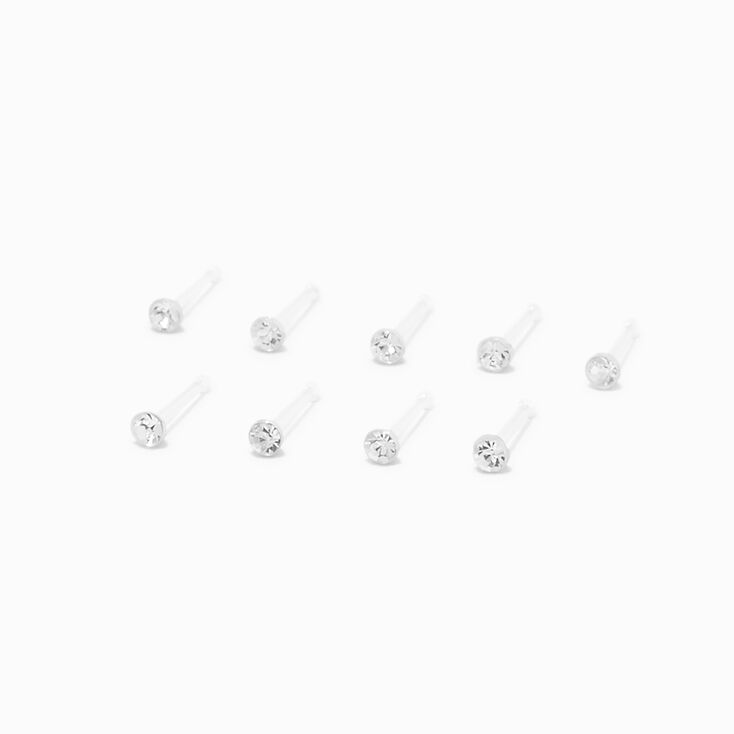 Bio Flex 20G Faux Crystal Nose Studs - Clear, 9 Pack,