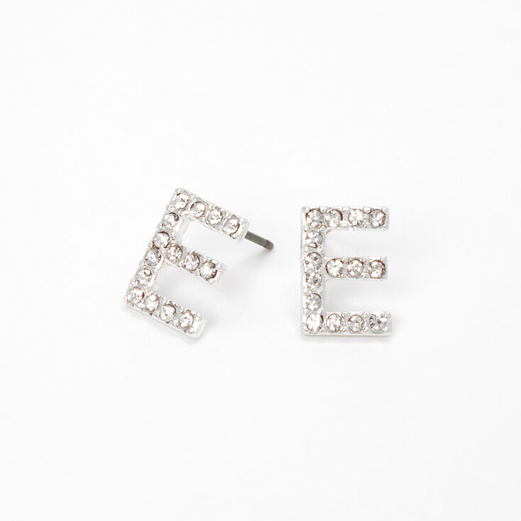 Silver Crystal Initial Stud Earrings - E,