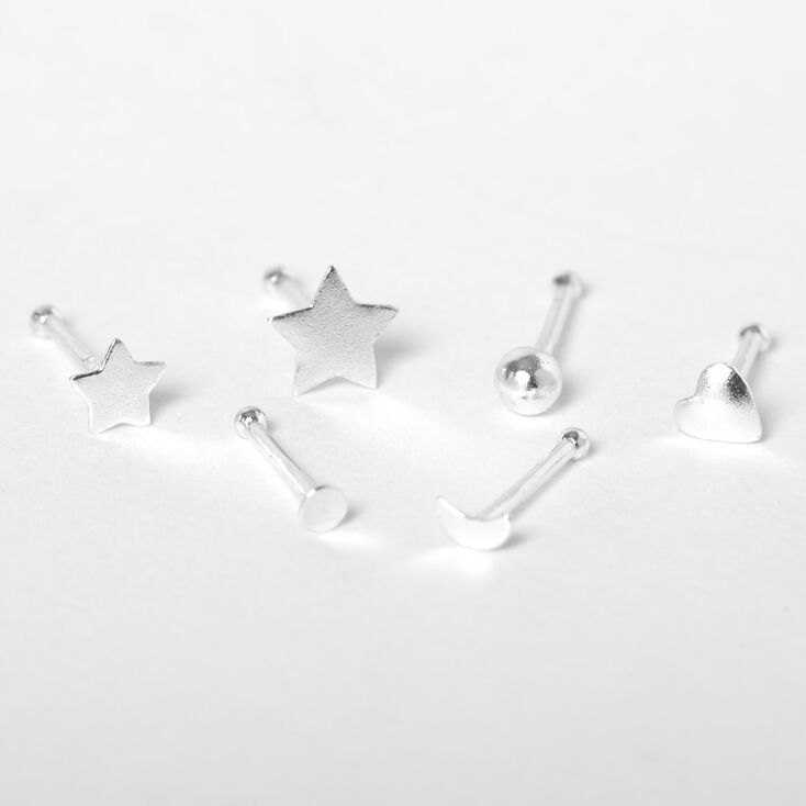 Sterling Silver 22G Celestial Shapes Nose Studs - 6 Pack,