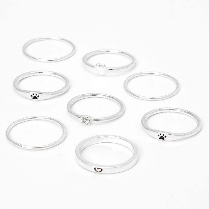 Silver Mixed Paw Band Rings - 8 Pack,