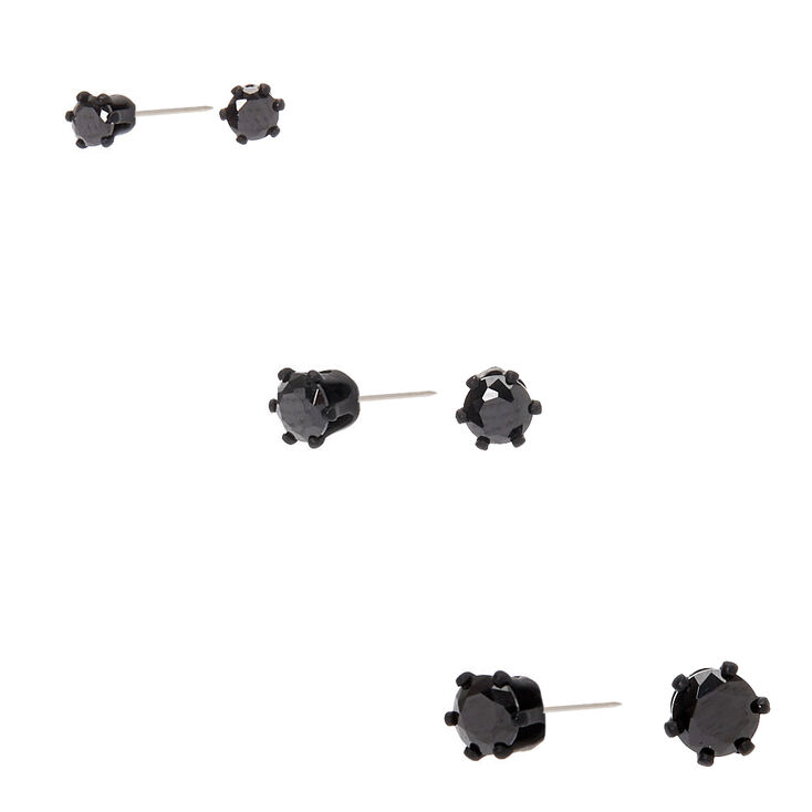 Black Cubic Zirconia 3MM, 4MM, 5MM Round Stud Earrings - 3 Pack ,
