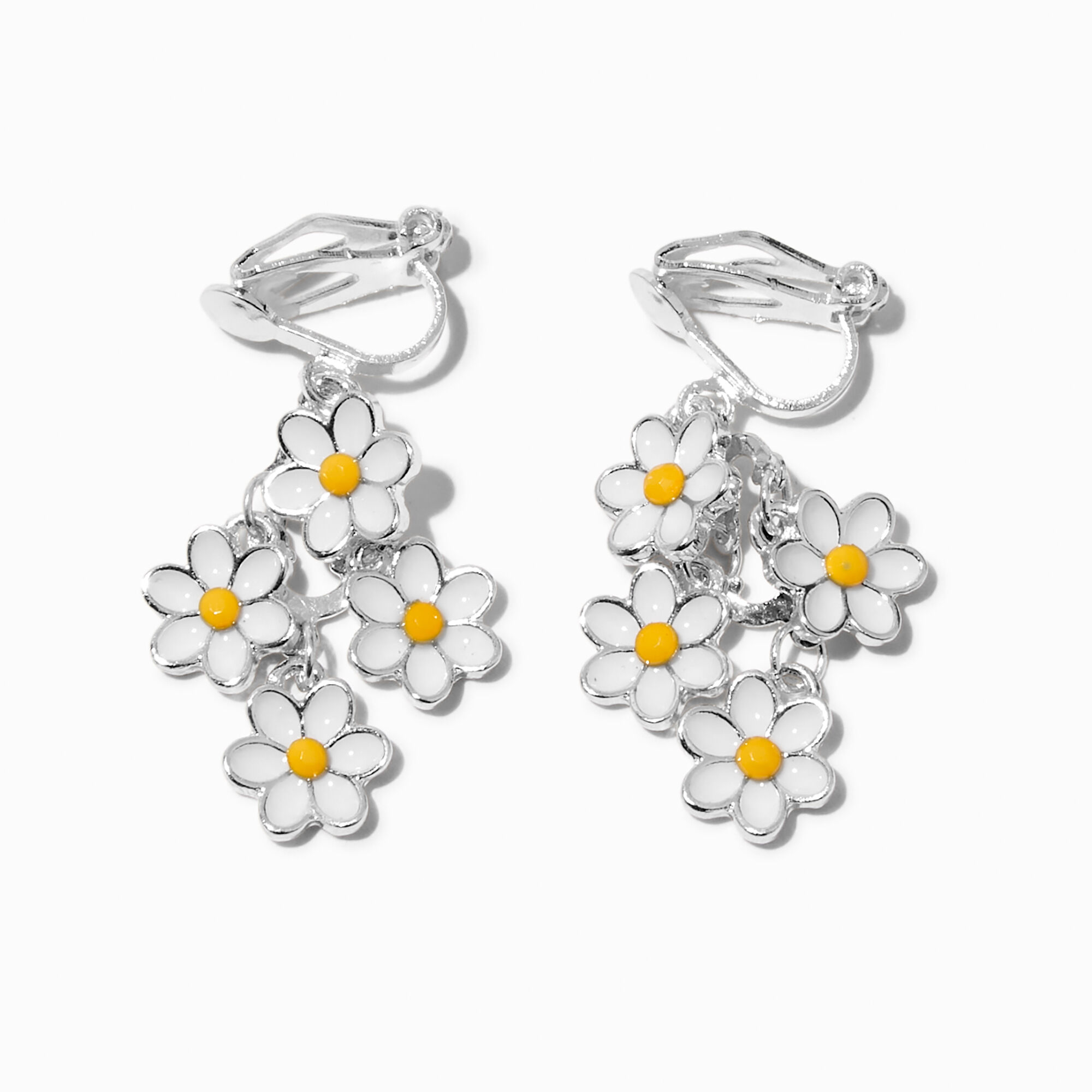 Silver-tone Linear Daisy 1" Clip-On Drop Earrings,