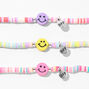 Best Friends Rainbow Disc Happy Face Charm Stretch Bracelets - 3 Pack,