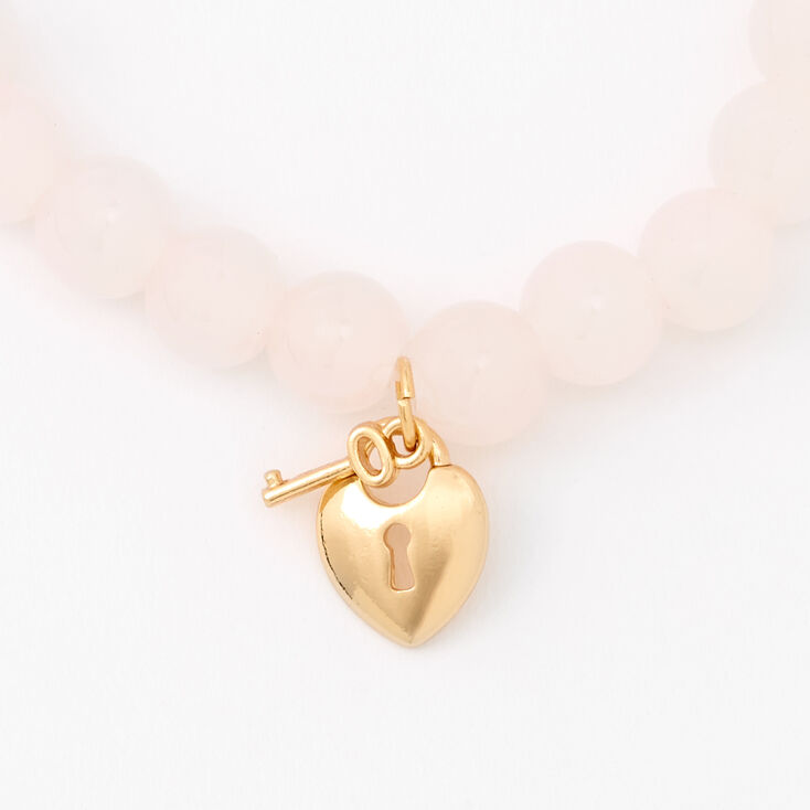 Gold Heart Lock &amp; Key Blush Pink Beaded Stretch Bracelet,