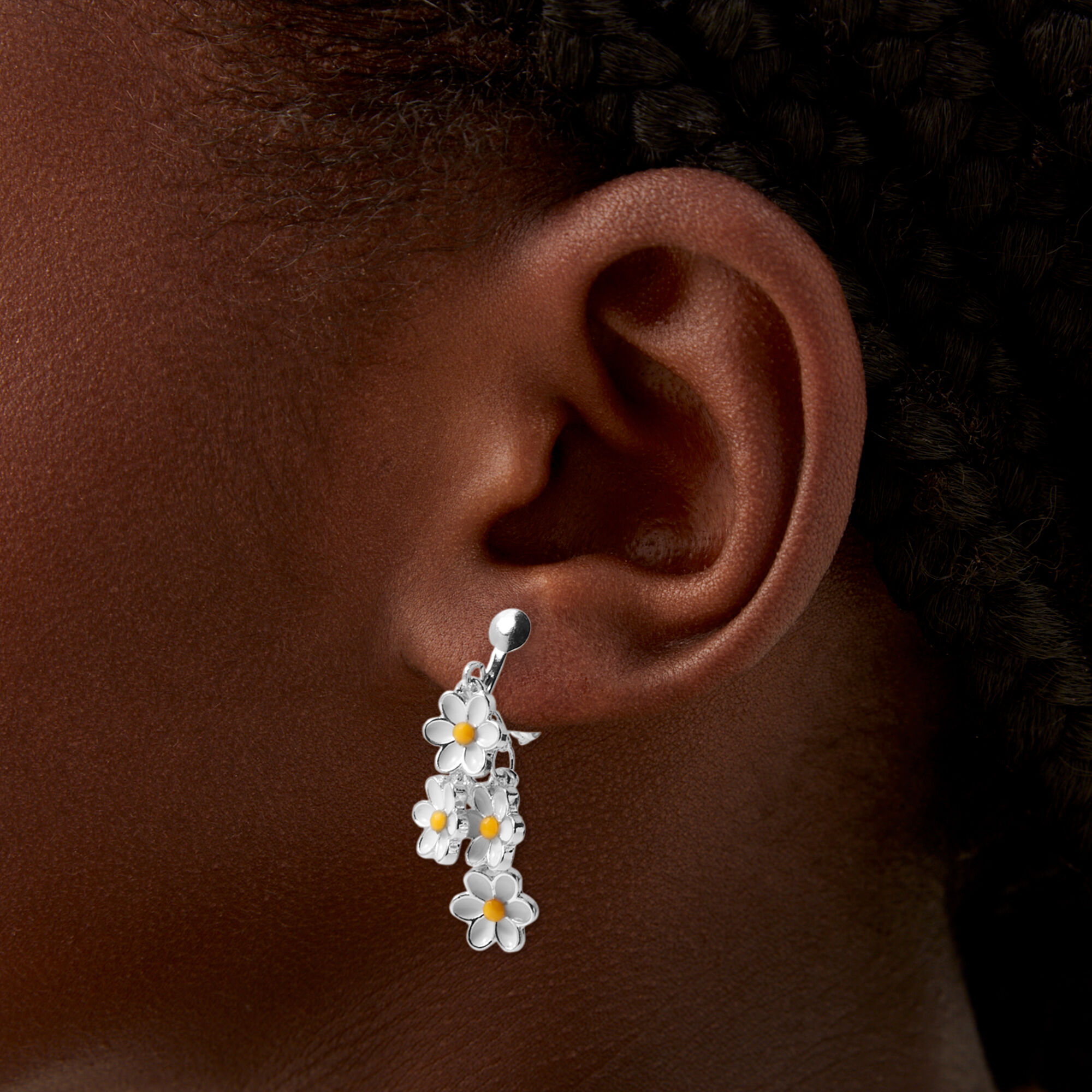 Silver-tone Linear Daisy 1" Clip-On Drop Earrings,