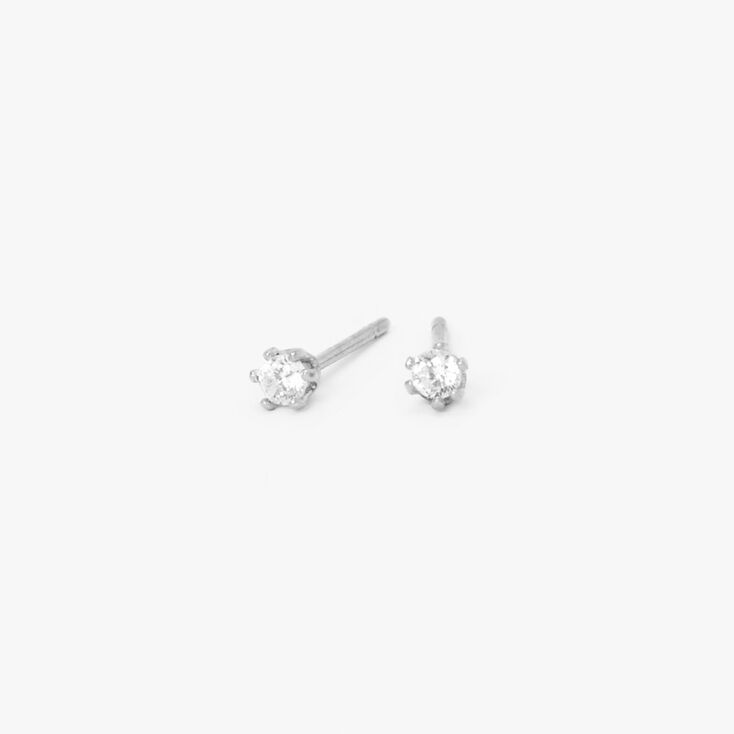 Silver-tone Cubic Zirconia 2MM Round Stud Earrings,