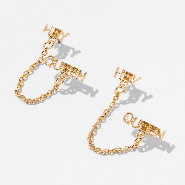 Gold Hey Queen Connector Chain Stud Earrings,