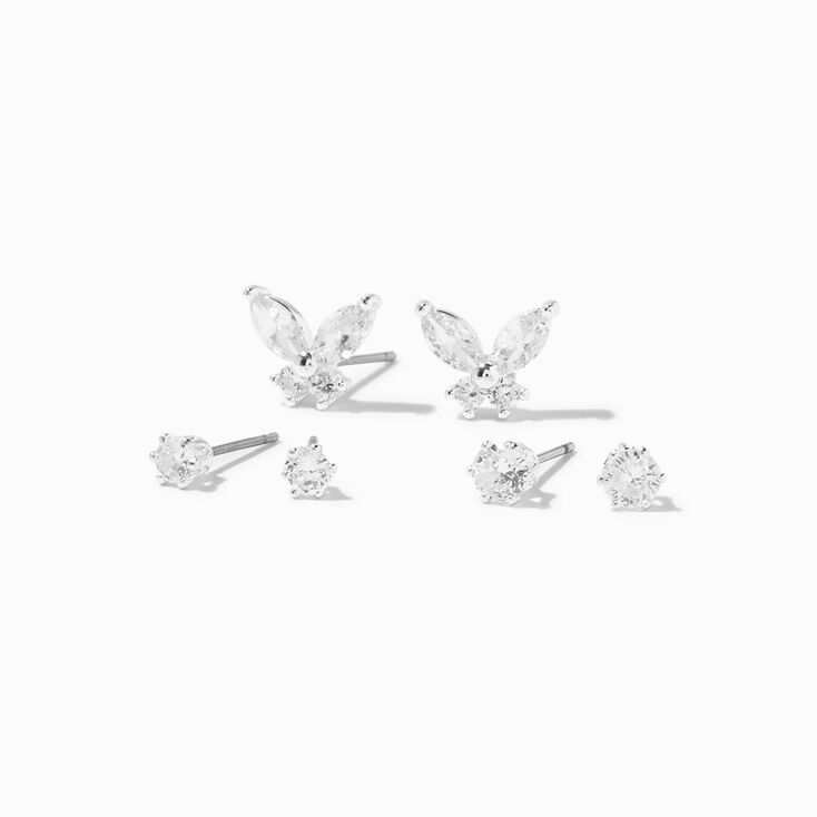 Silver Cubic Zirconia Butterfly &amp; Stud Earrings - 3 Pack,