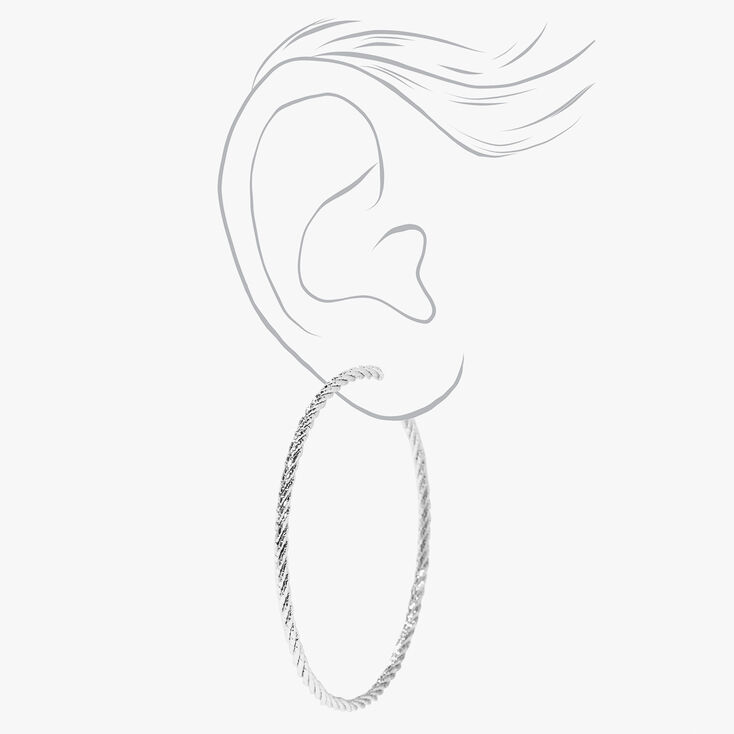 Silver 60MM Laser Cut Twisted Clip On Hoop Earrings,