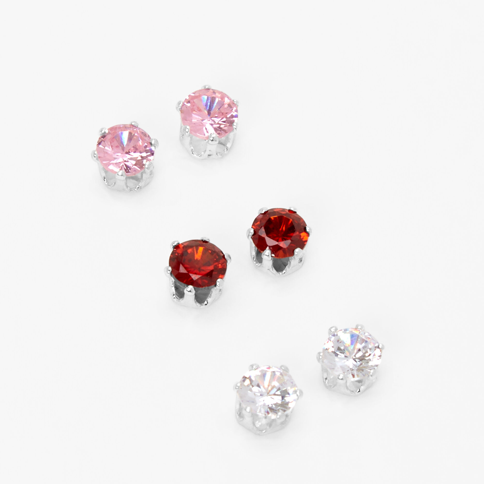 Pink, Red & Clear Cubic Zirconia 5MM Magnetic Stud Earrings - 3 Pack,